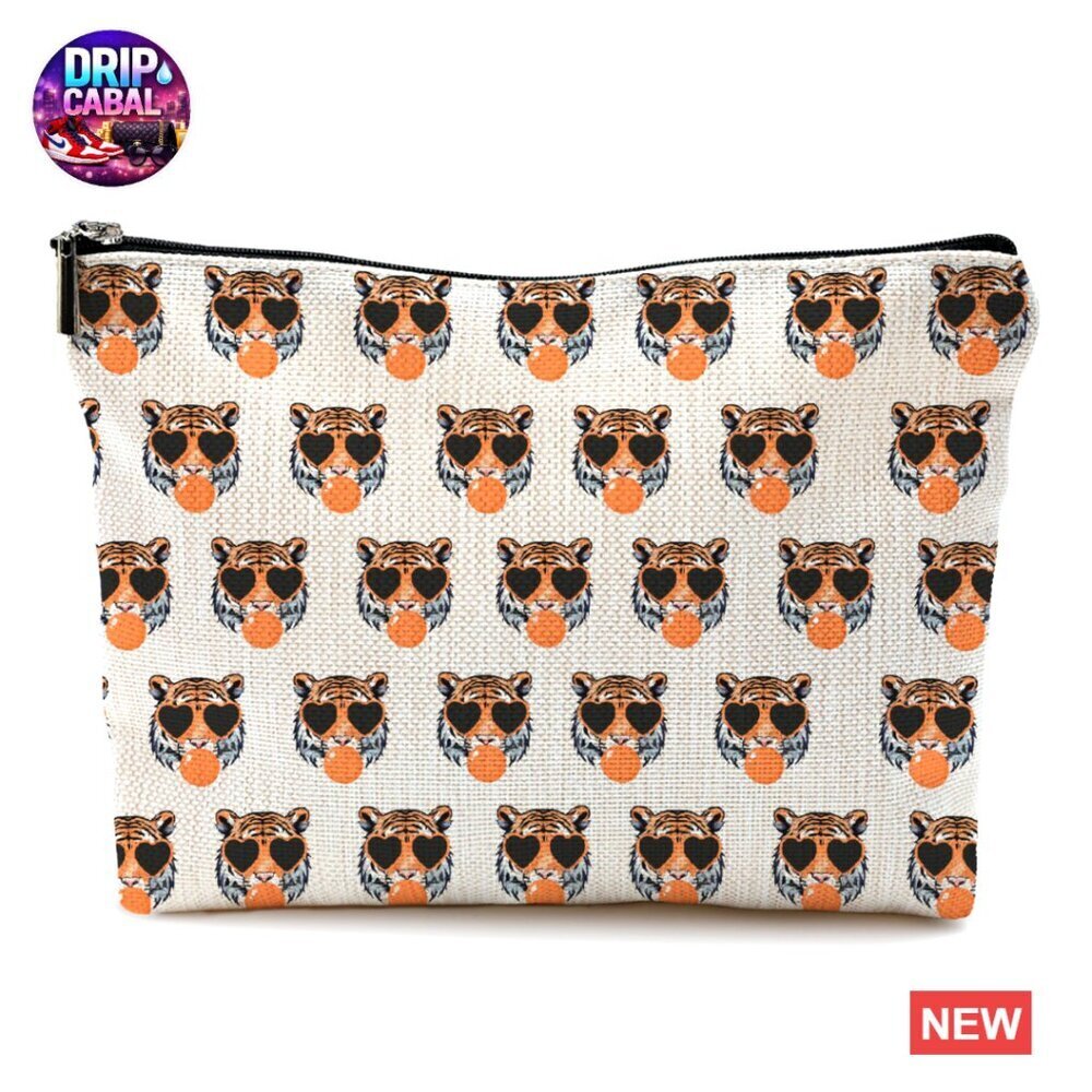 Preppy Tiger Makeup Bag Funky Vintage Cosmetic Case Linen Travel Toiletry